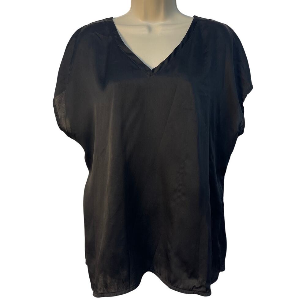 Lane Bryant Womens Black Satin Front V-Neck Knit Back Mixed Media Top 14/16